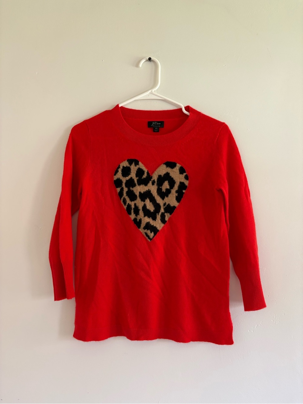 J. Crew Red Crewneck Sweater with Leopard Heart